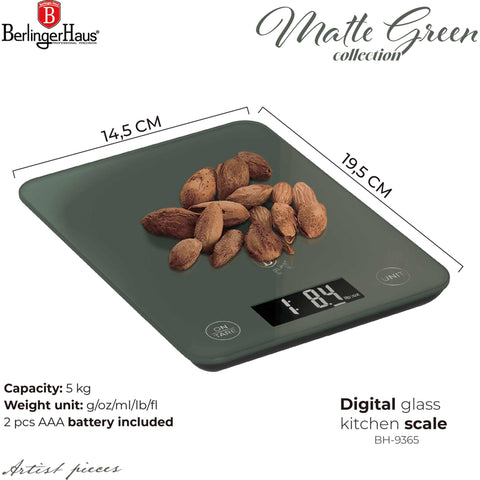 Product image of Digital glass kitchen scale capacity 5kg. Part of the Matte Green Collection . Features: • Material: tempered glass and plastic • Capacity: 5 kg • Size: 19,5*14,5 cm • Weight unit: g/oz/ml/lb/fl • 2 pcs AAA battery included • Color: green. (Studio view). Official Berlinger Haus product, boosted by Promintra sl.