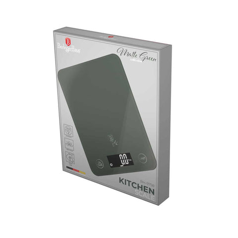 Product image of Digital glass kitchen scale capacity 5kg. Part of the Matte Green Collection . Features: • Material: tempered glass and plastic • Capacity: 5 kg • Size: 19,5*14,5 cm • Weight unit: g/oz/ml/lb/fl • 2 pcs AAA battery included • Color: green. (Studio view). Official Berlinger Haus product, boosted by Promintra sl.