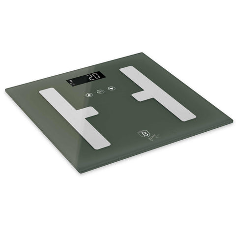 Product image of Digital bathroom BODYFAT glass scale capacity 180kg. Part of the Matte Green Collection . Features: • Material: tempered glass and plastic • Capacity: 180 kg • Size: 30*30 cm • Weight unit: lb/st/kg • Auto zero and auto off • Power: 2 pcs AAA batt.... (Studio view). Official Berlinger Haus product, boosted by Promintra sl.