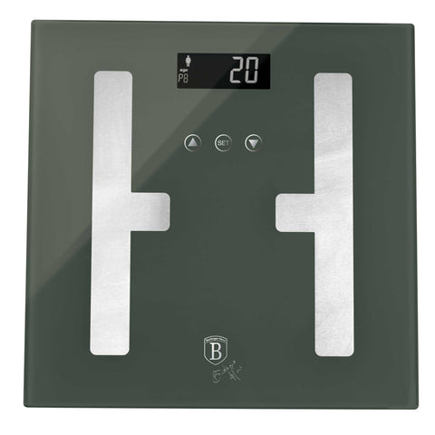 Product image of Digital bathroom BODYFAT glass scale capacity 180kg. Part of the Matte Green Collection . Features: • Material: tempered glass and plastic • Capacity: 180 kg • Size: 30*30 cm • Weight unit: lb/st/kg • Auto zero and auto off • Power: 2 pcs AAA batt.... (Studio view). Official Berlinger Haus product, boosted by Promintra sl.