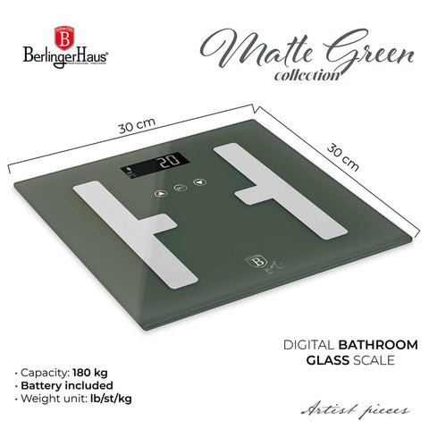 Imatge del producte de la bàscula digital de bany BODYFAT de vidre amb capacitat de 180 kg. Forma part de la col·lecció Matte Green. Característiques: • Material: vidre temperat i plàstic • Capacitat: 180 kg • Mida: 30*30 cm • Unitat de pes: lb/st/kg • Zero automàtic i apagat automàtic • Alimentació: 2 piles AAA... (Vista d'estudi). Producte oficial de Berlinger, impulsat per Promintra sl.