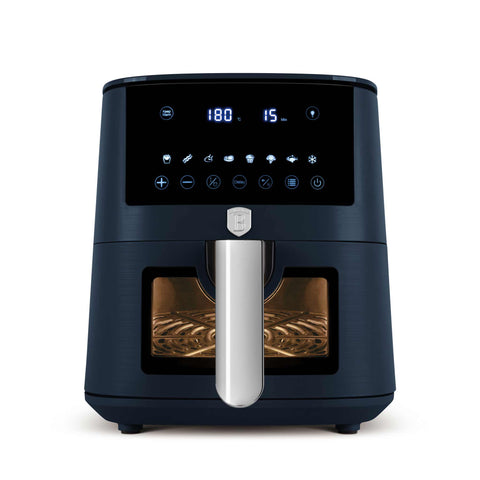 Product image of Air fryer 5L visible window. Part of the Deep Sea Collection . Features: • Power: 220-240V ~ 1400W • Temperature control: 40-200℃ • Include: • XL SIZE: food basket with non-stick coating 5L • DIGITAL • Color: matt blue. (Studio view). Official Berlinger Haus product, boosted by Promintra sl.
