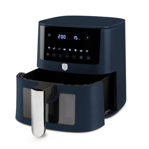 Imatge del producte de la fregidora d'aire de 5L amb finestra visible. Part de la col·lecció Deep Sea. Característiques: • Potència: 220-240V ~ 1400W • Control de temperatura: 40-200℃ • Inclou: • MIDA XL: cistella per a aliments amb recobriment antiadherent de 5L • DIGITAL • Color: blau mat. (Vista d'estudi). Producte oficial de Berlinger, impulsat per Promintra sl.
