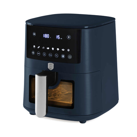 Product image of Air fryer 5L visible window. Part of the Deep Sea Collection . Features: • Power: 220-240V ~ 1400W • Temperature control: 40-200℃ • Include: • XL SIZE: food basket with non-stick coating 5L • DIGITAL • Color: matt blue. (Studio view). Official Berlinger Haus product, boosted by Promintra sl.