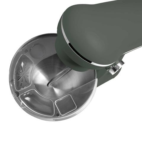 Product image of Kitchen machine. Part of the Matte Green Collection . Features: • Material: stainless steel, plastic • 1500 W, 220-240V, 50/60 Hz • Include: • 18/10 stainless steel bowl 5L • Non-stick dough hook • Non-stick bea.... (Studio view). Official Berlinger Haus product, boosted by Promintra sl.