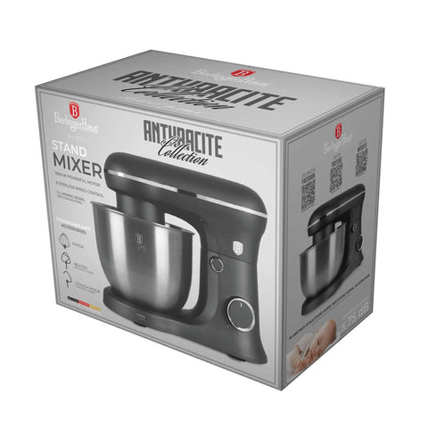 Product image of Kitchen machine. Part of the Anthracite Collection . Features: • Material: stainless steel, plastic • 1500 W, 220-240V, 50/60 Hz • Include: • 18/10 stainless steel bowl 5L • Non-stick dough hook • Non-stick bea.... (Studio view). Official Berlinger Haus product, boosted by Promintra sl.
