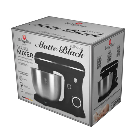 Product image of Kitchen machine. Part of the Black Vantage Collection/Matte Black Collection/Black Silver Collection . Features: • Material: stainless steel, plastic • 1500 W, 220-240V, 50/60 Hz • Include: • 18/10 stainless steel bowl 5L • Non-stick dough hook • Non-stick bea.... (Studio view). Official Berlinger Haus product, boosted by Promintra sl.