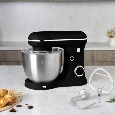 Product image of Kitchen machine. Part of the Black Vantage Collection/Matte Black Collection/Black Silver Collection . Features: • Material: stainless steel, plastic • 1500 W, 220-240V, 50/60 Hz • Include: • 18/10 stainless steel bowl 5L • Non-stick dough hook • Non-stick bea.... (Studio view). Official Berlinger Haus product, boosted by Promintra sl.