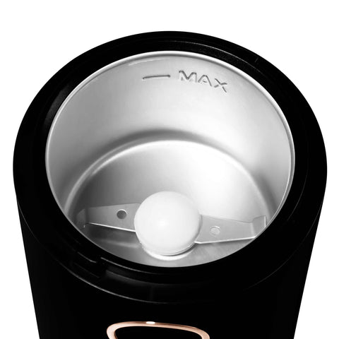 Product image of Electric coffee grinder. Part of the Black Rose Collection . Features: • Power: 150 W • 220V-240V 50/60 Hz • Stainless steel bowl • Stainless steel blades • Color: black- rose gold. (Conceptual view). Official Berlinger Haus product, boosted by Promintra sl.