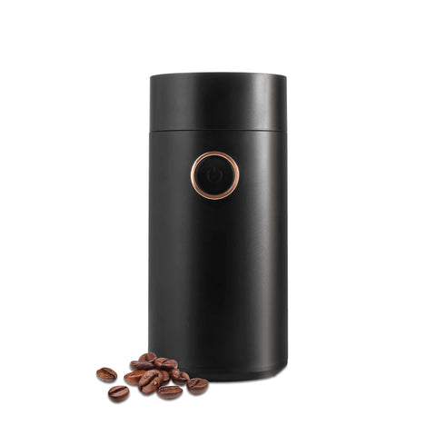 Product image of Electric coffee grinder. Part of the Black Rose Collection . Features: • Power: 150 W • 220V-240V 50/60 Hz • Stainless steel bowl • Stainless steel blades • Color: black- rose gold. (Conceptual view). Official Berlinger Haus product, boosted by Promintra sl.