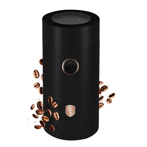 Product image of Electric coffee grinder. Part of the Black Rose Collection . Features: • Power: 150 W • 220V-240V 50/60 Hz • Stainless steel bowl • Stainless steel blades • Color: black- rose gold. (Conceptual view). Official Berlinger Haus product, boosted by Promintra sl.