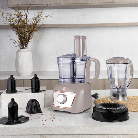 Product image of 8in1 food processor. Part of the Taupe Collection . Features: • Material: stainless steel, plastic • Voltage: 220-240V 50-60Hz • Power: 500W • Included: • stainless steel chopper blade • 2-side stainless steel.... (Conceptual view). Official Berlinger Haus product, boosted by Promintra sl.