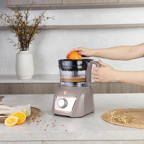 Product image of 8in1 food processor. Part of the Taupe Collection . Features: • Material: stainless steel, plastic • Voltage: 220-240V 50-60Hz • Power: 500W • Included: • stainless steel chopper blade • 2-side stainless steel.... (Conceptual view). Official Berlinger Haus product, boosted by Promintra sl.