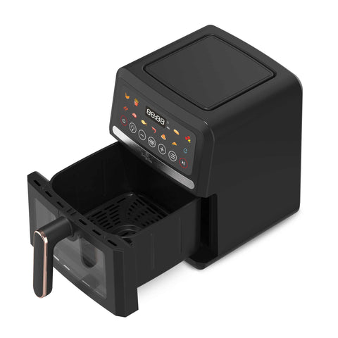 Product image of Air fryer 5L visible window. Part of the Black Rose Collection . Features: • Power: 220-240V, 50/60Hz 1500W • Temperature control: 40-200℃ • XL SIZE: food basket with non-stick coating 5L • DIGITAL • Size: 26*32,4*30,6 cm .... (Studio view). Official Berlinger Haus product, boosted by Promintra sl.