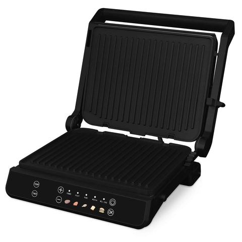 Product image of Electric grill with oil drip pan. Part of the Black Rose Collection . Features: • Power: 2000W • Voltage: 220-240V 50/60 Hz • Plate size: 29*23 cm • NON-STICK coating plate • Color: black- rose gold • 2 IN 1 2 TYPES OF OPENING. (Studio view). Official Berlinger Haus product, boosted by Promintra sl.