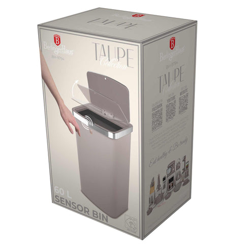 Product image of Sensor bin 60L. Part of the Taupe Collection . Features: • Material: steel • Size: 65*38,5*28,5 cm, 60L • Power: 4 pcs AA battery (not included) • Color: matt taupe. (Studio view). Official Berlinger Haus product, boosted by Promintra sl.