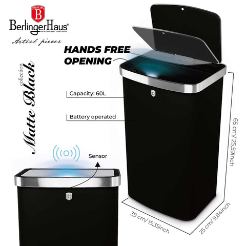 Product image of Sensor bin 60L. Part of the Black Vantage Collection/Matte Black Collection/Black Silver Collection . Features: • Material: steel • Size: 65*38,5*28,5 cm, 60L • Power: 4 pcs AA battery (not included) • Color: matt black. (Studio view). Official Berlinger Haus product, boosted by Promintra sl.