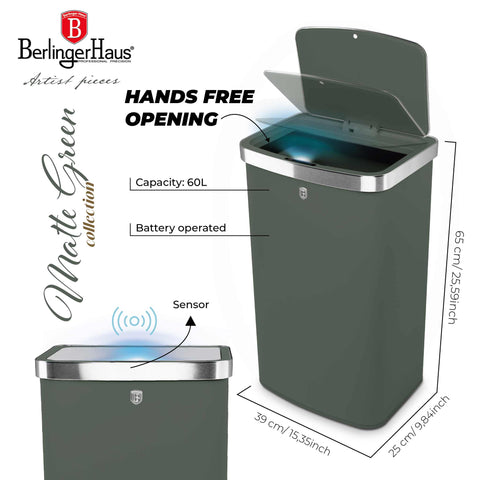 Product image of Sensor bin 60L. Part of the Matte Green Collection . Features: • Material: steel • Size: 65*38,5*28,5 cm, 60L • Power: 4 pcs AA battery (not included) • Color: matt green. (Studio view). Official Berlinger Haus product, boosted by Promintra sl.