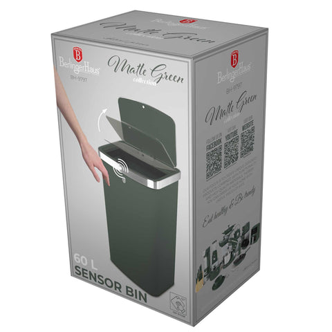 Product image of Sensor bin 60L. Part of the Matte Green Collection . Features: • Material: steel • Size: 65*38,5*28,5 cm, 60L • Power: 4 pcs AA battery (not included) • Color: matt green. (Studio view). Official Berlinger Haus product, boosted by Promintra sl.