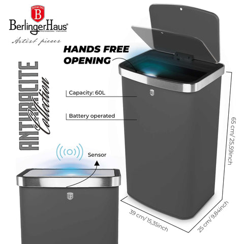 Product image of Sensor bin 60L. Part of the Anthracite Collection . Features: • Material: steel • Size: 65*38,5*28,5 cm, 60L • Power: 4 pcs AA battery (not included) • Color: matt anthracite. (Studio view). Official Berlinger Haus product, boosted by Promintra sl.