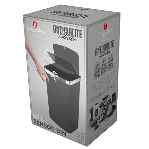 Product image of Sensor bin 60L. Part of the Anthracite Collection . Features: • Material: steel • Size: 65*38,5*28,5 cm, 60L • Power: 4 pcs AA battery (not included) • Color: matt anthracite. (Studio view). Official Berlinger Haus product, boosted by Promintra sl.