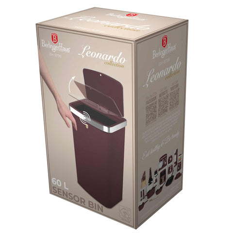 Product image of Sensor bin 60L. Part of the Leonardo Collection . Features: • Material: steel • Size: 65*38,5*28,5 cm, 60L • Power: 4 pcs AA battery (not included) • Color: matt bordeaux. (Studio view). Official Berlinger Haus product, boosted by Promintra sl.