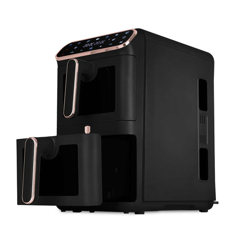 Product image of Dual basket air fryer 5,5+5,5L with visible windows. Part of the Black Rose Collection . Features: • Power: 220-240V ~ 50-60Hz 2460W • Temperature control: 60-200℃ • XXXL SIZE: Capacity: 11L=5,5L+5,5L • Non-stick oil tray and food basket - dishwa.... (Studio view). Official Berlinger Haus product, boosted by Promintra sl.