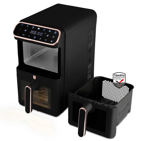 Product image of Dual basket air fryer 5,5+5,5L with visible windows. Part of the Black Rose Collection . Features: • Power: 220-240V ~ 50-60Hz 2460W • Temperature control: 60-200℃ • XXXL SIZE: Capacity: 11L=5,5L+5,5L • Non-stick oil tray and food basket - dishwa.... (Studio view). Official Berlinger Haus product, boosted by Promintra sl.