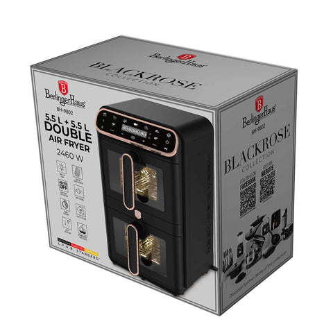 Product image of Dual basket air fryer 5,5+5,5L with visible windows. Part of the Black Rose Collection . Features: • Power: 220-240V ~ 50-60Hz 2460W • Temperature control: 60-200℃ • XXXL SIZE: Capacity: 11L=5,5L+5,5L • Non-stick oil tray and food basket - dishwa.... (Studio view). Official Berlinger Haus product, boosted by Promintra sl.