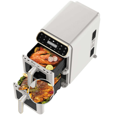 Product image of Dual basket air fryer 5,5+5,5L with visible windows. Part of the Sahara Collection . Features: • Power: 220-240V ~ 50-60Hz 2460W • Temperature control: 60-200℃ • XXXL SIZE: Capacity: 11L=5,5L+5,5L • Non-stick oil tray and food basket - dishwa.... (Studio view). Official Berlinger Haus product, boosted by Promintra sl.