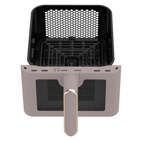 Imagem do produto: Fritadeira a ar com cesto duplo de 5,5+5,5L com visor. Parte da Coleção Taupe. Características: • Potência: 220-240V ~ 50-60Hz 2460W • Controle de temperatura: 60-200℃ • Tamanho XXXL: Capacidade: 11L=5,5L+5,5L • Bandeja de óleo e cesto de alimentos antiaderentes - laváveis na máquina de lavar louça. (Vista de estúdio). Produto oficial Berlinger Haus, com o apoio da Promintra sl.
