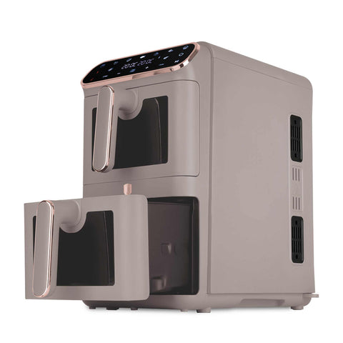 Imagem do produto: Fritadeira a ar com cesto duplo de 5,5+5,5L com visor. Parte da Coleção Taupe. Características: • Potência: 220-240V ~ 50-60Hz 2460W • Controle de temperatura: 60-200℃ • Tamanho XXXL: Capacidade: 11L=5,5L+5,5L • Bandeja de óleo e cesto de alimentos antiaderentes - laváveis na máquina de lavar louça. (Vista de estúdio). Produto oficial Berlinger Haus, com o apoio da Promintra sl.