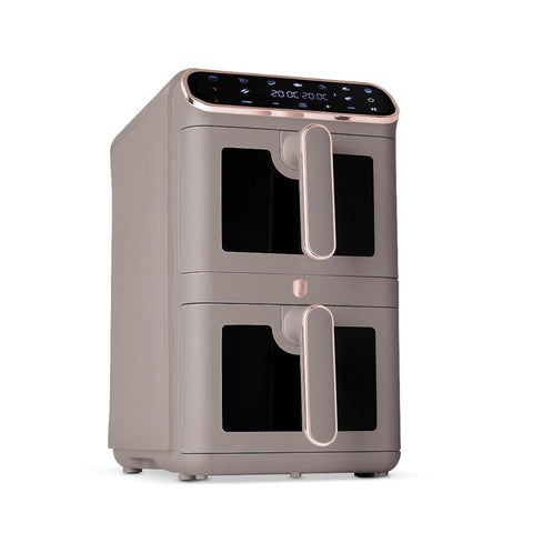 Imagem do produto: Fritadeira a ar com cesto duplo de 5,5+5,5L com visor. Parte da Coleção Taupe. Características: • Potência: 220-240V ~ 50-60Hz 2460W • Controle de temperatura: 60-200℃ • Tamanho XXXL: Capacidade: 11L=5,5L+5,5L • Bandeja de óleo e cesto de alimentos antiaderentes - laváveis na máquina de lavar louça. (Vista de estúdio). Produto oficial Berlinger Haus, com o apoio da Promintra sl.
