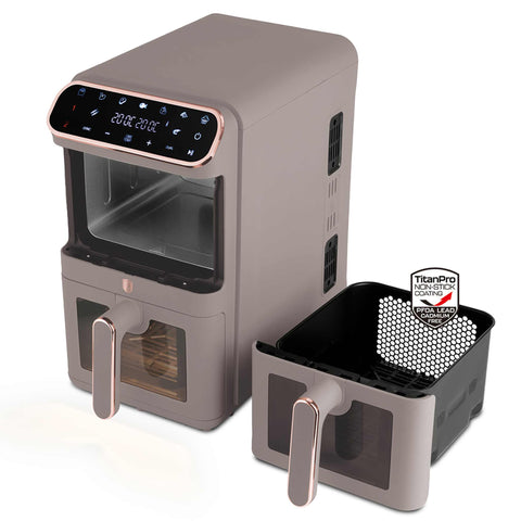 Imagem do produto: Fritadeira a ar com cesto duplo de 5,5+5,5L com visor. Parte da Coleção Taupe. Características: • Potência: 220-240V ~ 50-60Hz 2460W • Controle de temperatura: 60-200℃ • Tamanho XXXL: Capacidade: 11L=5,5L+5,5L • Bandeja de óleo e cesto de alimentos antiaderentes - laváveis na máquina de lavar louça. (Vista de estúdio). Produto oficial Berlinger Haus, com o apoio da Promintra sl.