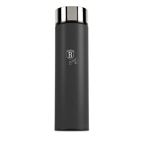 Product image of Drinking bottle with LED temperature display 0,5L. Part of the Anthracite Collection . Features: • Material: inner body 18/10 stainless steel with matt powder coating • Capacity: 0,5 L • 18/10 stainless steel purifying filter • Color: matt anth.... (Studio view). Official Berlinger Haus product, boosted by Promintra sl.