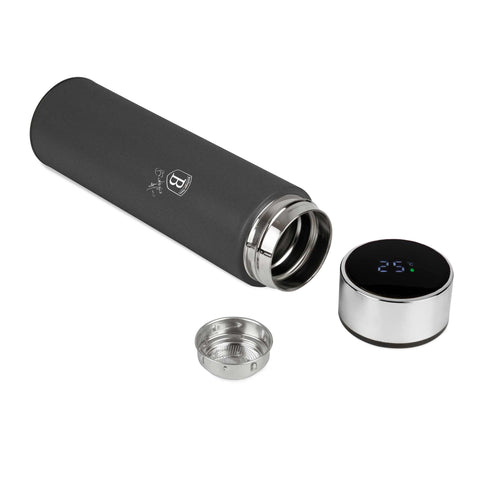 Product image of Drinking bottle with LED temperature display 0,5L. Part of the Anthracite Collection . Features: • Material: inner body 18/10 stainless steel with matt powder coating • Capacity: 0,5 L • 18/10 stainless steel purifying filter • Color: matt anth.... (Studio view). Official Berlinger Haus product, boosted by Promintra sl.