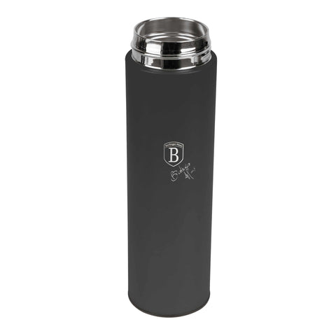 Product image of Drinking bottle with LED temperature display 0,5L. Part of the Anthracite Collection . Features: • Material: inner body 18/10 stainless steel with matt powder coating • Capacity: 0,5 L • 18/10 stainless steel purifying filter • Color: matt anth.... (Studio view). Official Berlinger Haus product, boosted by Promintra sl.