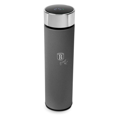 Product image of Drinking bottle with LED temperature display 0,5L. Part of the Anthracite Collection . Features: • Material: inner body 18/10 stainless steel with matt powder coating • Capacity: 0,5 L • 18/10 stainless steel purifying filter • Color: matt anth.... (Studio view). Official Berlinger Haus product, boosted by Promintra sl.