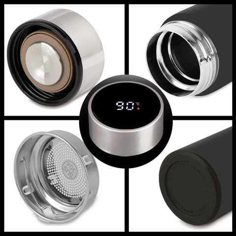 Product image of Drinking bottle with LED temperature display 0,5L. Part of the Anthracite Collection . Features: • Material: inner body 18/10 stainless steel with matt powder coating • Capacity: 0,5 L • 18/10 stainless steel purifying filter • Color: matt anth.... (Studio view). Official Berlinger Haus product, boosted by Promintra sl.
