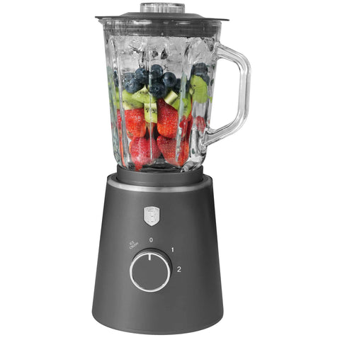 Product image of Table blender with 1,5L GLASS jar 1000W. Part of the Anthracite Collection . Features: • Material: plastic, glass • Power: 1000 W • Voltage: 220-240V, 50-60 Hz • 1,5 L glass jar • Length of power cord: 100 cm • Color: matt anthracite. (Conceptual view). Official Berlinger Haus product, boosted by Promintra sl.