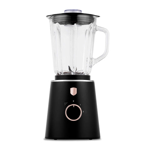 Product image of Table blender with 1,5L GLASS jar 1000W. Part of the Black Rose Collection . Features: • Material: plastic, glass • Power: 1000 W • Voltage: 220-240V, 50-60 Hz • 1,5 L glass jar • Length of power cord: 100 cm • Color: black- rose gold. (Conceptual view). Official Berlinger Haus product, boosted by Promintra sl.