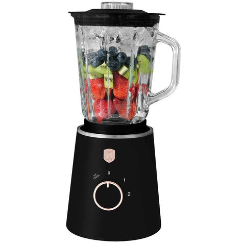 Product image of Table blender with 1,5L GLASS jar 1000W. Part of the Black Rose Collection . Features: • Material: plastic, glass • Power: 1000 W • Voltage: 220-240V, 50-60 Hz • 1,5 L glass jar • Length of power cord: 100 cm • Color: black- rose gold. (Conceptual view). Official Berlinger Haus product, boosted by Promintra sl.
