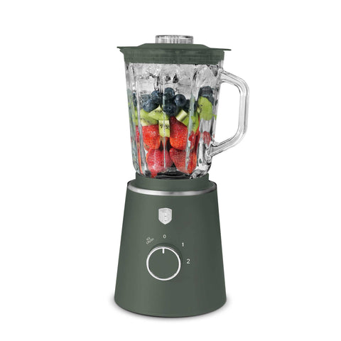 Product image of Table blender with 1,5L GLASS jar 1000W. Part of the Matte Green Collection . Features: • Material: plastic, glass • Power: 1000 W • Voltage: 220-240V, 50-60 Hz • 1,5 L glass jar • Length of power cord: 100 cm • Color: matt green. (Conceptual view). Official Berlinger Haus product, boosted by Promintra sl.
