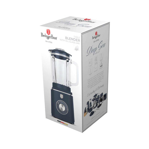Product image of Table blender with 1,5L GLASS jar 1000W. Part of the Deep Sea Collection . Features: • Material: plastic, glass • Power: 1000 W • Voltage: 220-240V, 50-60 Hz • 1,5 L glass jar • Length of power cord: 100 cm • Color: matt blue, grey .... (Conceptual view). Official Berlinger Haus product, boosted by Promintra sl.