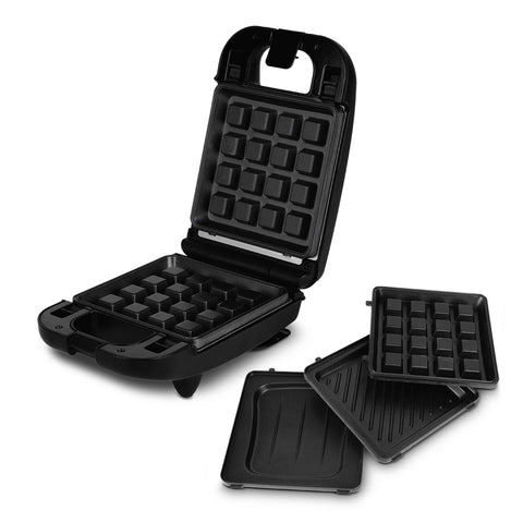 Product image of 3in1 sandwich maker with detachable plates. Part of the Black Rose Collection . Features: • Material: aluminium, plastic • Power: 650 W • Voltage: 220-240 V, 50/60Hz • Plate size: 14*14 cm • NON-STICK coating • Length of power cord: 80 c.... (Studio view). Official Berlinger Haus product, boosted by Promintra sl.