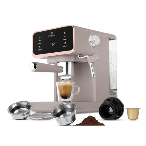 Product image of Digital espresso coffee maker 3in1. Part of the Taupe Collection . Features: • Material: stainless steel, plastic • Power: 950 W • Voltage: 220-240V 50/60 Hz • 1L water tank • 1 and 2 cup filter • 2 in 1 plastic spoon with t.... (Conceptual view). Official Berlinger Haus product, boosted by Promintra sl.