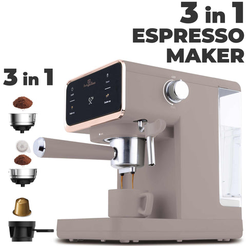 Product image of Digital espresso coffee maker 3in1. Part of the Taupe Collection . Features: • Material: stainless steel, plastic • Power: 950 W • Voltage: 220-240V 50/60 Hz • 1L water tank • 1 and 2 cup filter • 2 in 1 plastic spoon with t.... (Conceptual view). Official Berlinger Haus product, boosted by Promintra sl.