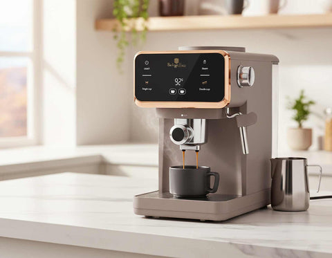 Product image of Digital espresso coffee maker 3in1. Part of the Taupe Collection . Features: • Material: stainless steel, plastic • Power: 950 W • Voltage: 220-240V 50/60 Hz • 1L water tank • 1 and 2 cup filter • 2 in 1 plastic spoon with t.... (Conceptual view). Official Berlinger Haus product, boosted by Promintra sl.
