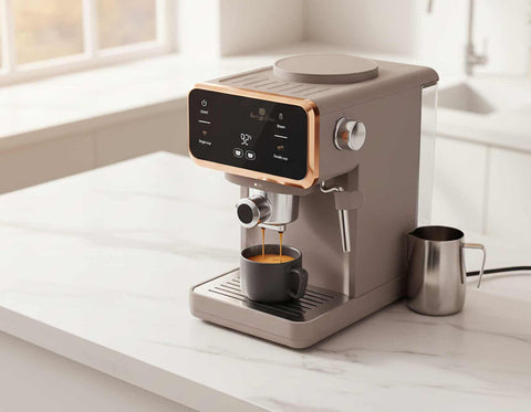 Product image of Digital espresso coffee maker 3in1. Part of the Taupe Collection . Features: • Material: stainless steel, plastic • Power: 950 W • Voltage: 220-240V 50/60 Hz • 1L water tank • 1 and 2 cup filter • 2 in 1 plastic spoon with t.... (Conceptual view). Official Berlinger Haus product, boosted by Promintra sl.