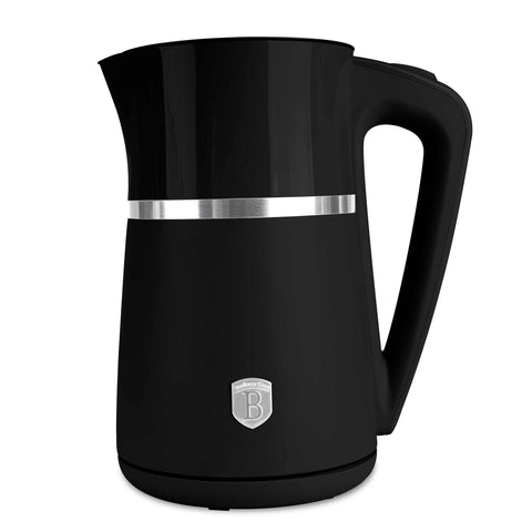 Product image of Double wall kettle. Part of the Black Vantage Collection/Matte Black Collection/Black Silver Collection . Features: • Material: 18/10 stainless steel inside, plastic outside • Capacity: 1,7L • Voltage: 220-240V,50/60Hz • Power: 1850-2200 W • Size: 21,6*15,5*26,2 .... (Studio view). Official Berlinger Haus product, boosted by Promintra sl.